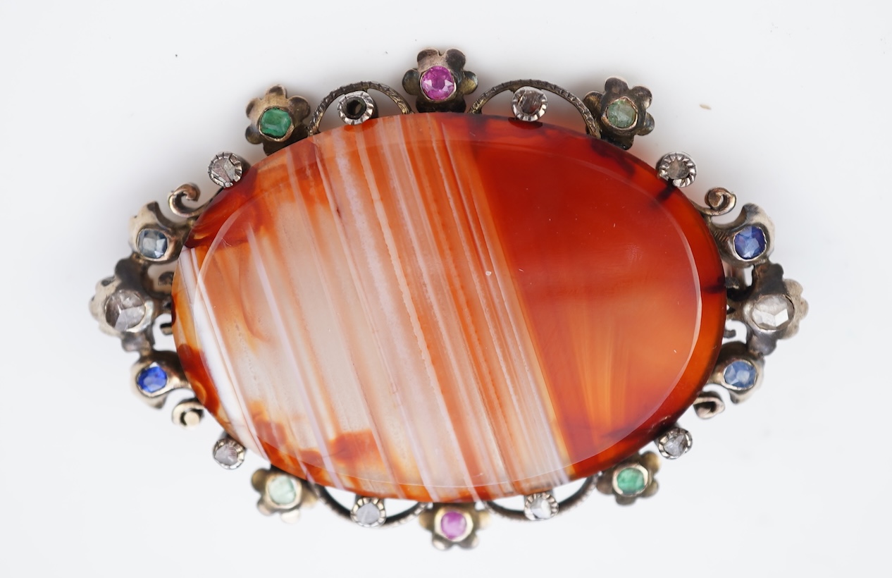 An agate, ruby, emerald and diamond brooch, circa 1900